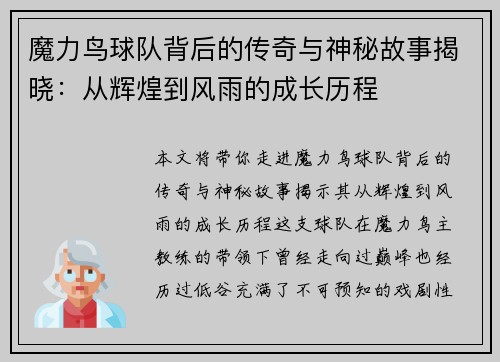 魔力鸟球队背后的传奇与神秘故事揭晓:从辉煌到风雨的成长历程 魔力鸟球队背后的传奇与神秘故事揭晓:从辉煌到风雨的成长历程