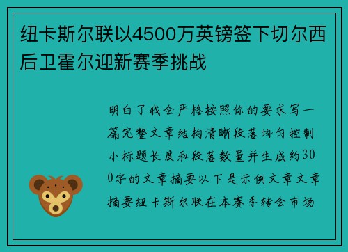 纽卡斯尔联以4500万英镑签下切尔西后卫霍尔迎新赛季挑战